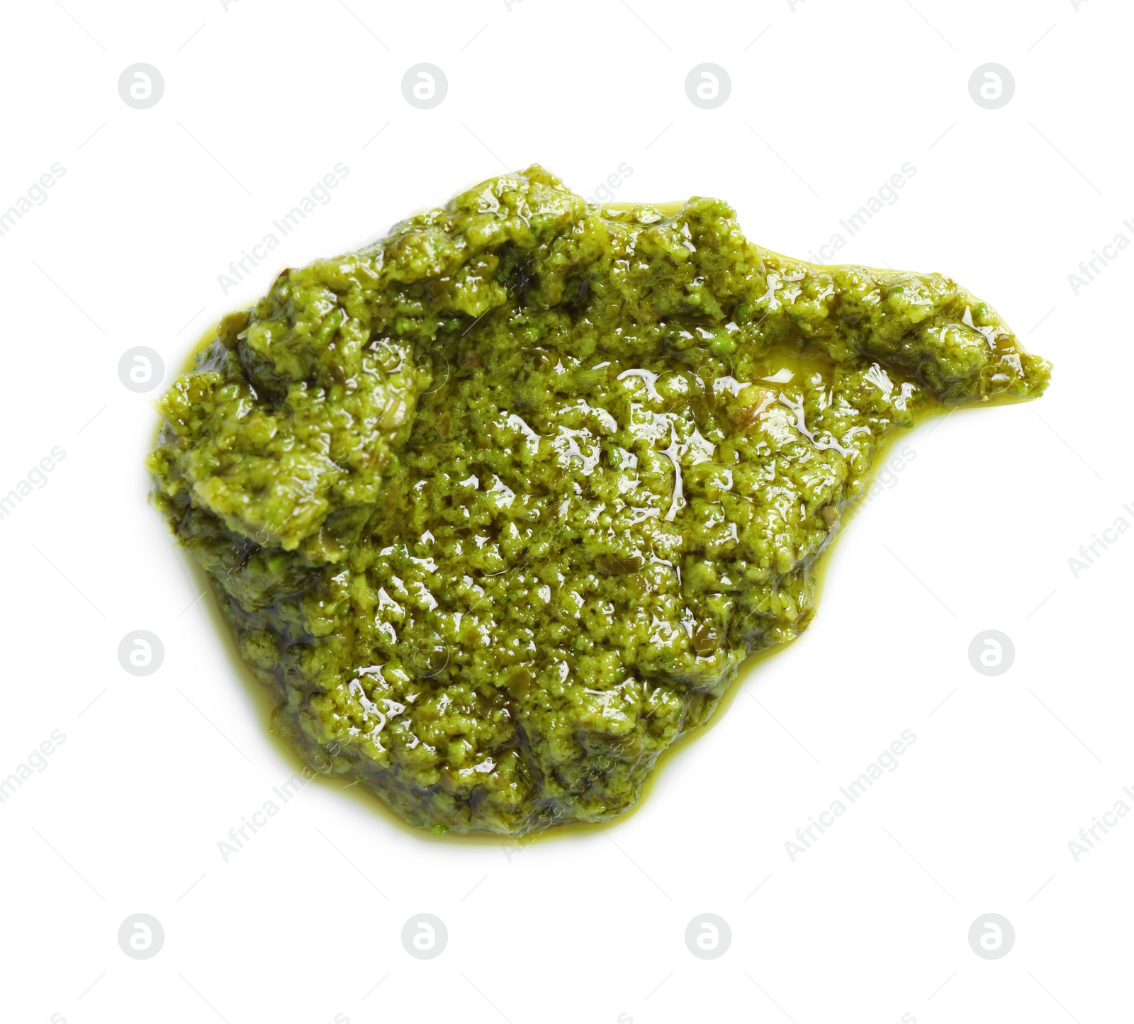 Photo of Sample of tasty pesto sauce isolated on white, top view