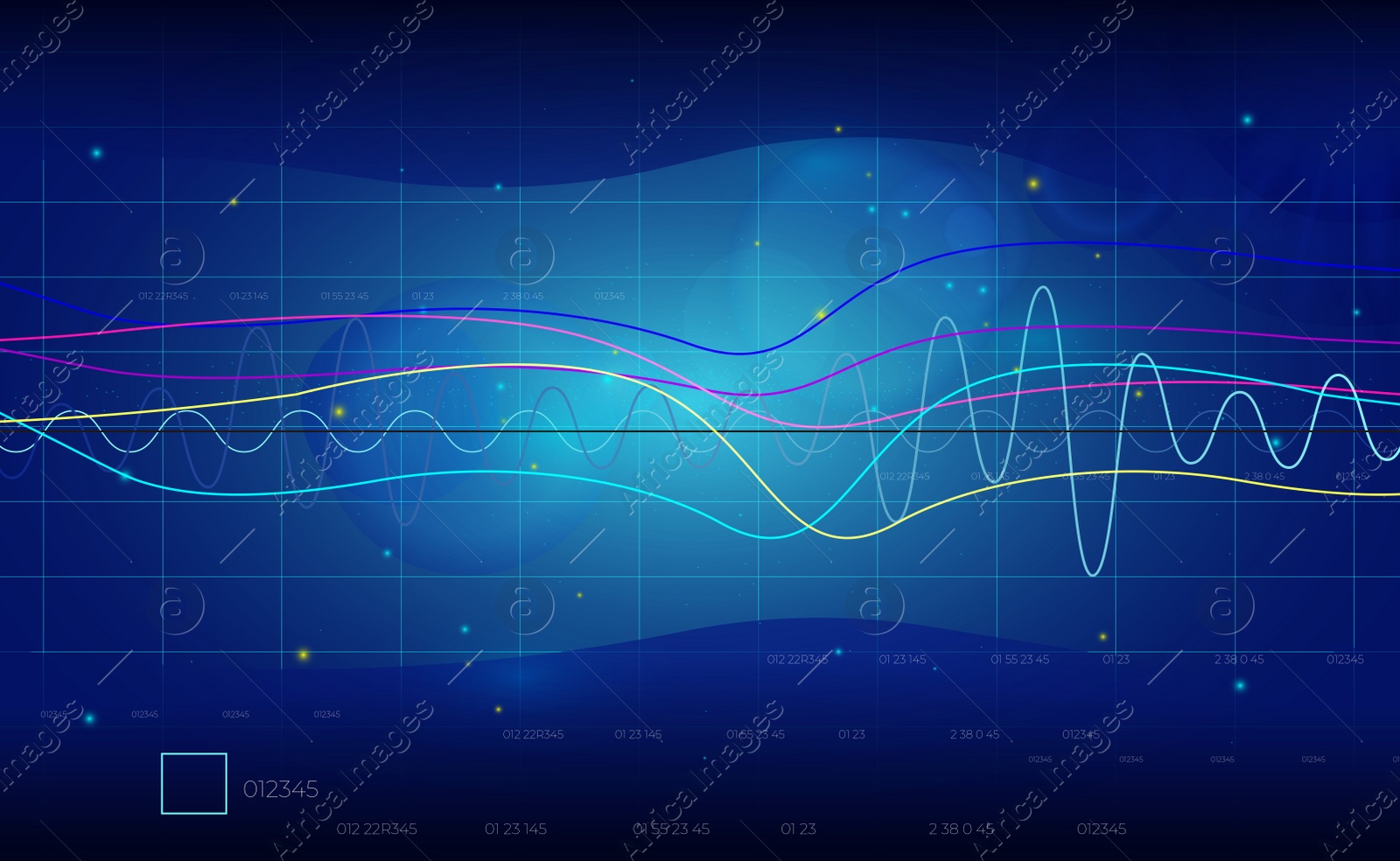 Image of Futuristic dashboard of business analytics information. Digital graphics on blue background