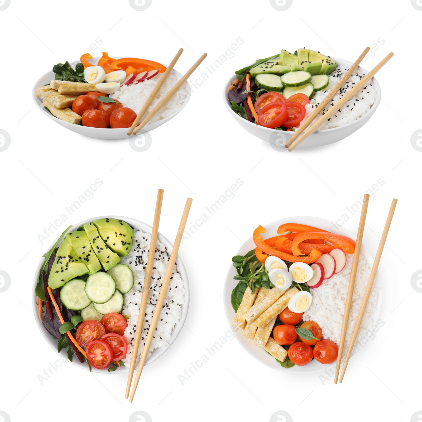 Image of Collage of different poke bowls isolated on white, top and side views