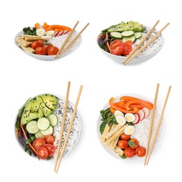 Image of Collage of different poke bowls isolated on white, top and side views