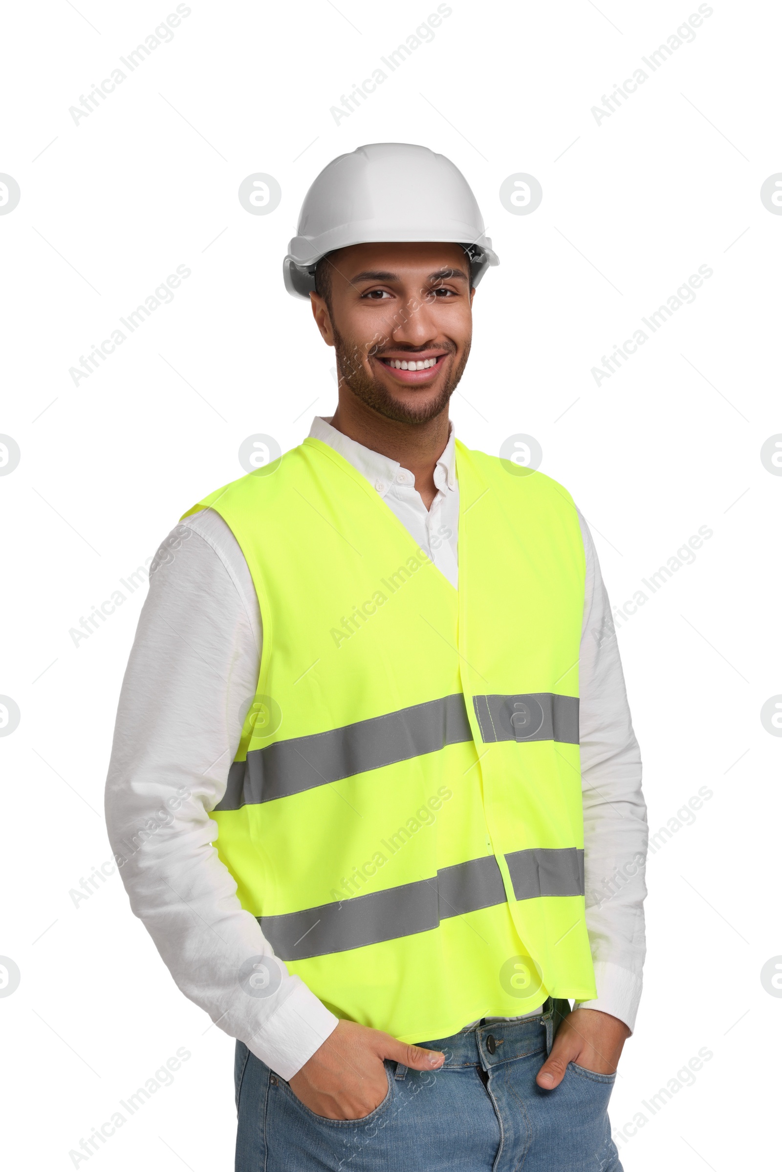 Photo of Engineer in hard hat on white background