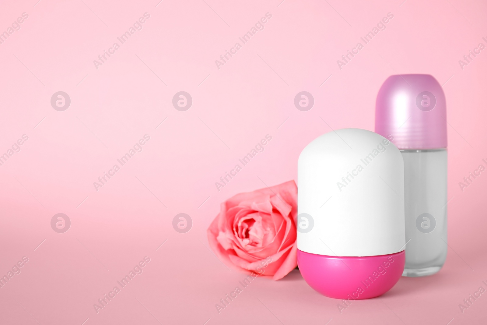 Photo of Natural female roll-on deodorants and rose on pink background, space for text