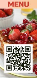 Image of Scan QR code for contactless menu. Delicious Belgian waffles with berries and honey, closeup