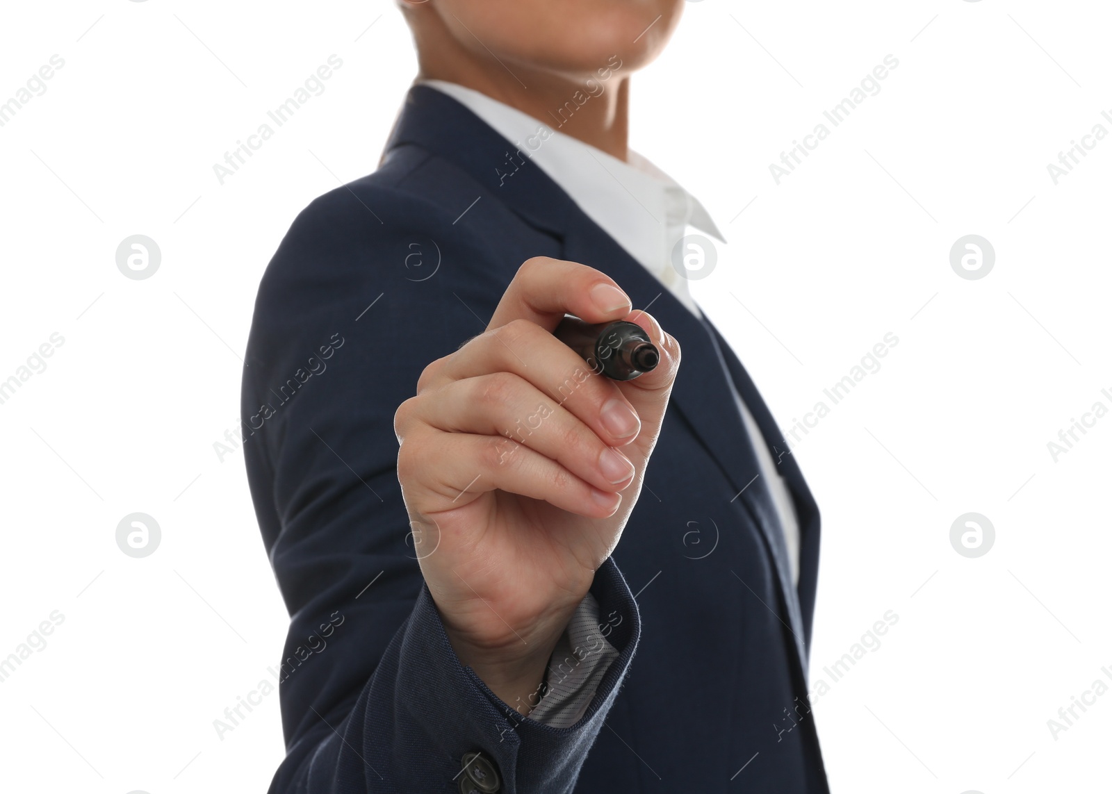 Photo of Woman with marker against white background, focus on hand