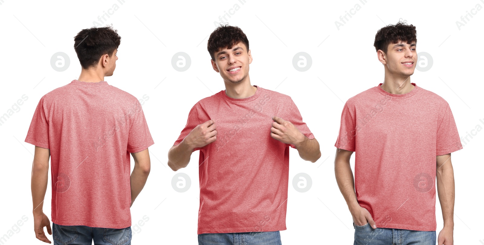 Image of Collage with photos of man in coral t-shirt on white background, back and front views. Mockup for design