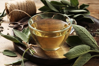 Cup of sage tea and green leaves on wooden tray