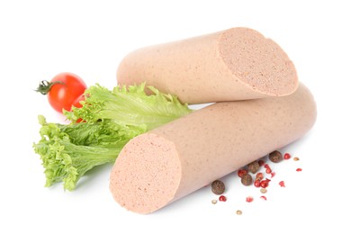 Photo of Delicious liverwurst with lettuce, spices and cherry tomatoes on white background