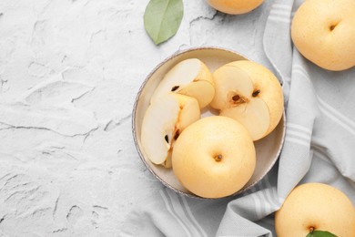 Photo of Delicious apple pears on white table, flat lay. Space for text