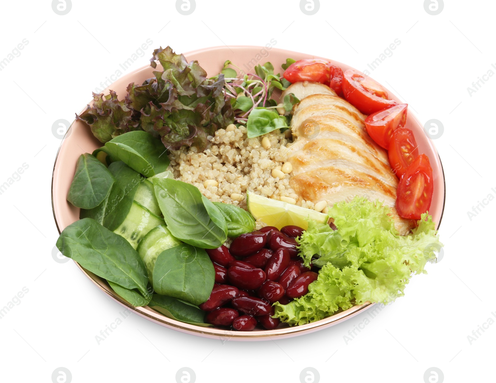 Photo of Healthy meal. Tasty vegetables, chicken breast and quinoa in bowl isolated on white