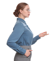 Photo of Portrait of young businesswoman on white background