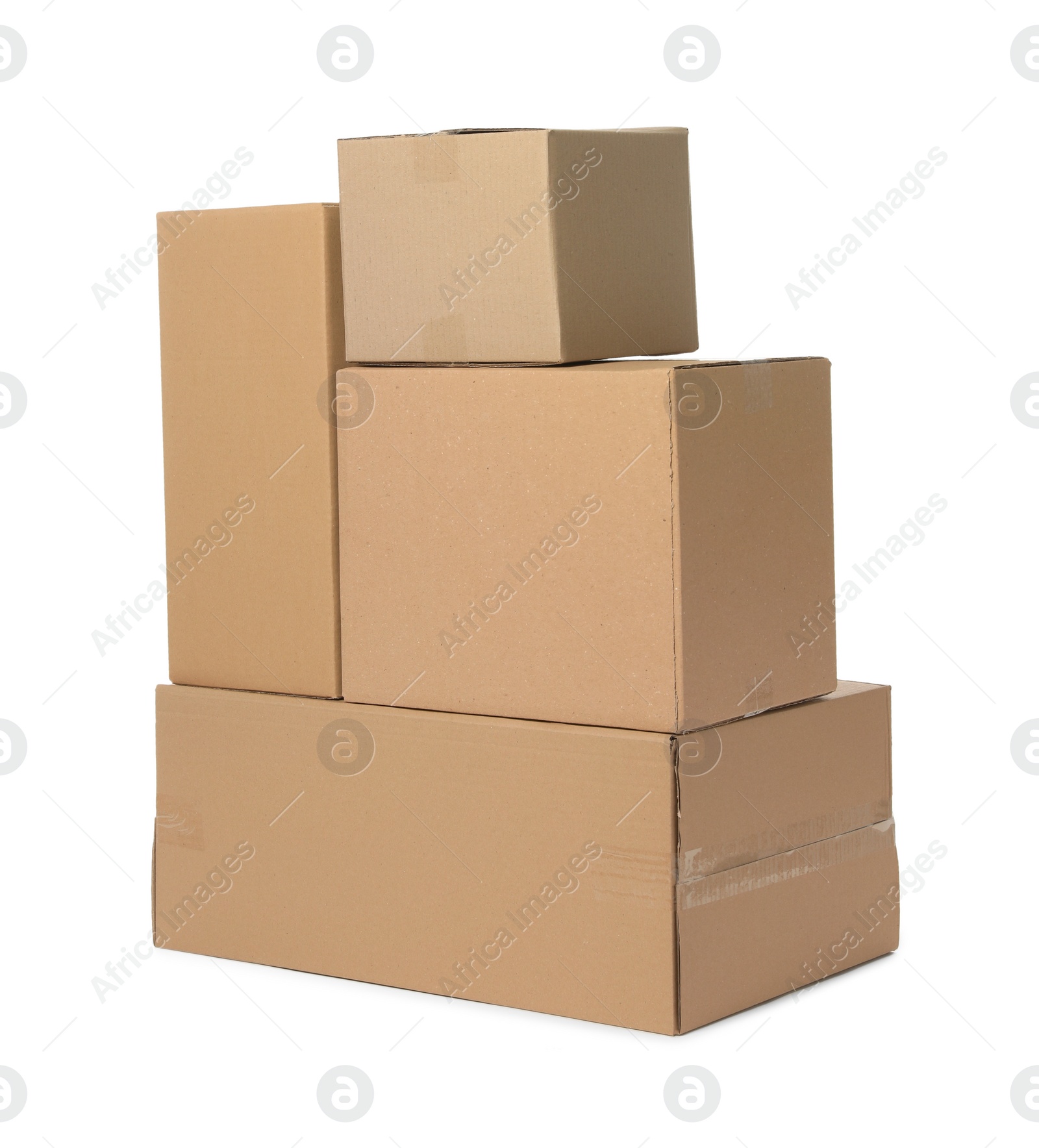 Photo of Many closed cardboard boxes on white background. Delivery service