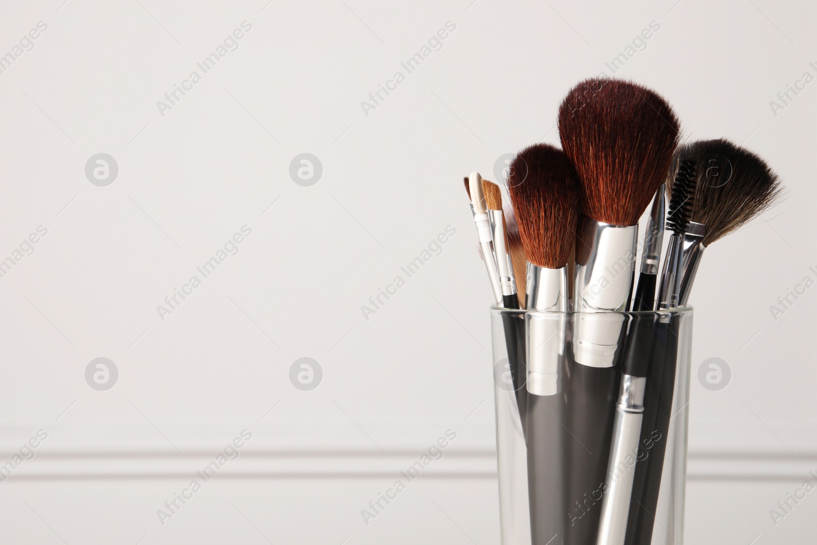 Photo of Set of professional makeup brushes on white background. Space for text