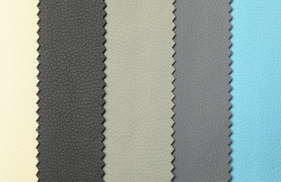 Photo of Leather samples of different colors for interior design as background