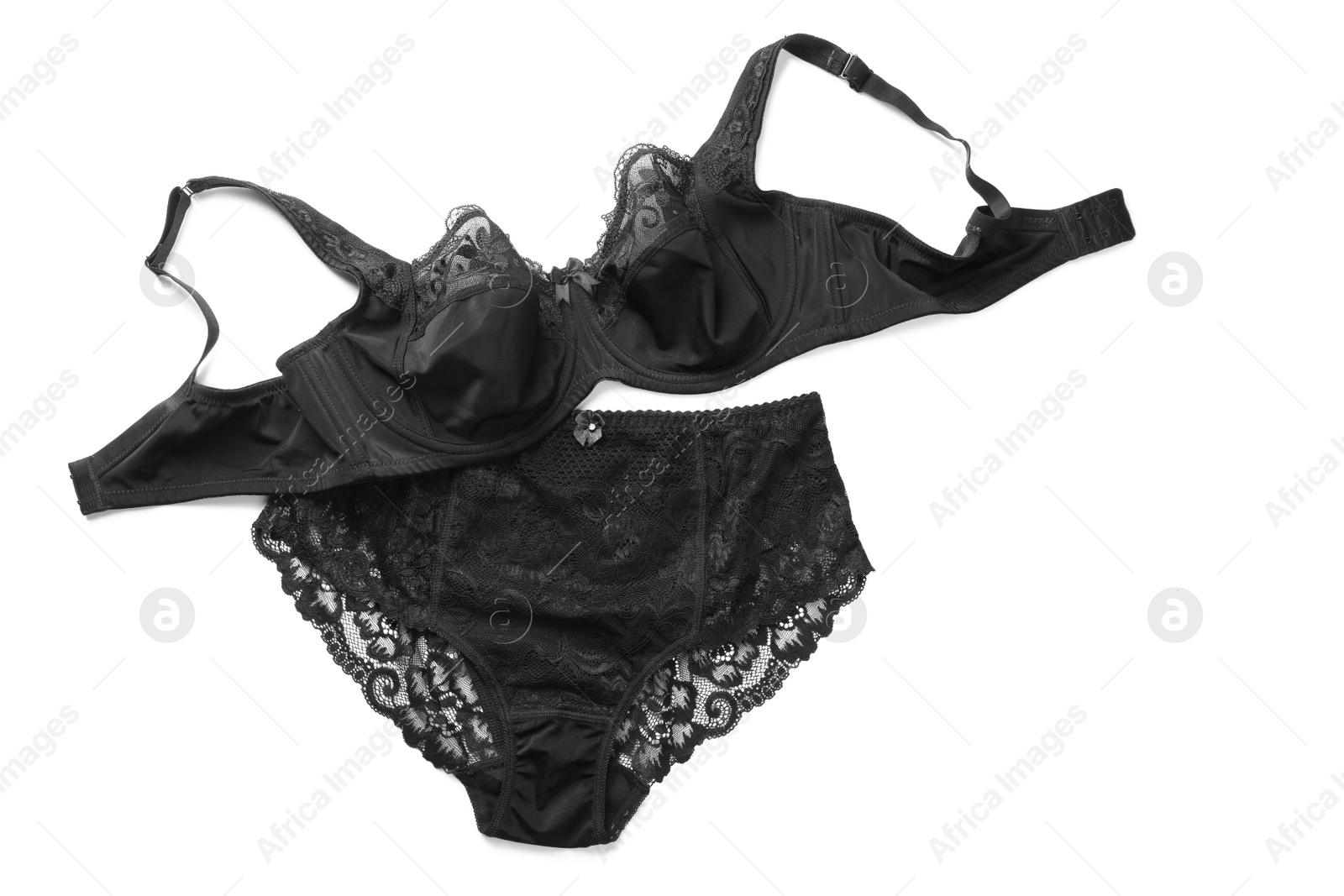 Photo of Elegant black plus size women's underwear on white background, top view