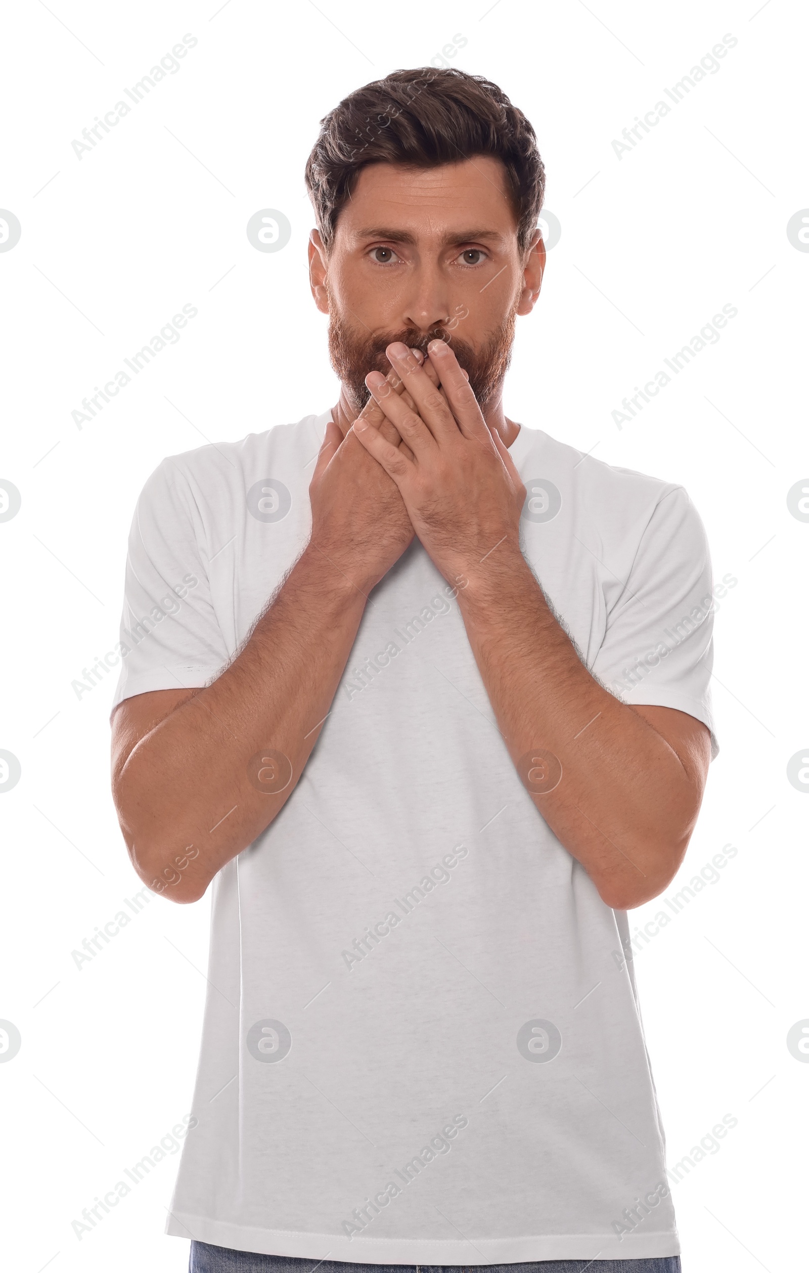 Photo of Emotional man in shirt on white background