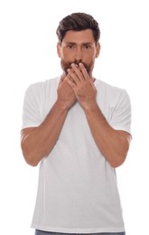 Emotional man in shirt on white background