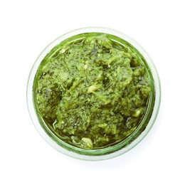Photo of Jar of tasty pesto sauce isolated on white, top view