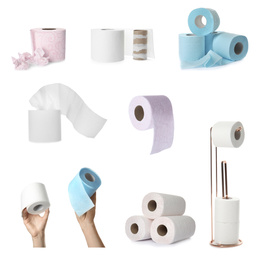 Image of Set with rolls of toilet paper on white background