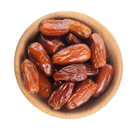 Tasty sweet dried dates in wooden bowl on white background, top view