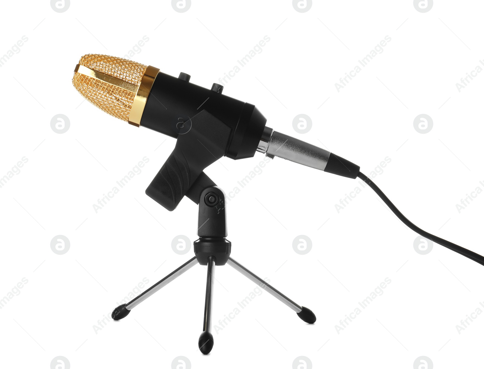 Photo of Condenser microphone with holder on white background