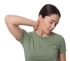 Photo of Woman suffering from pain in neck on white background. Arthritis symptom