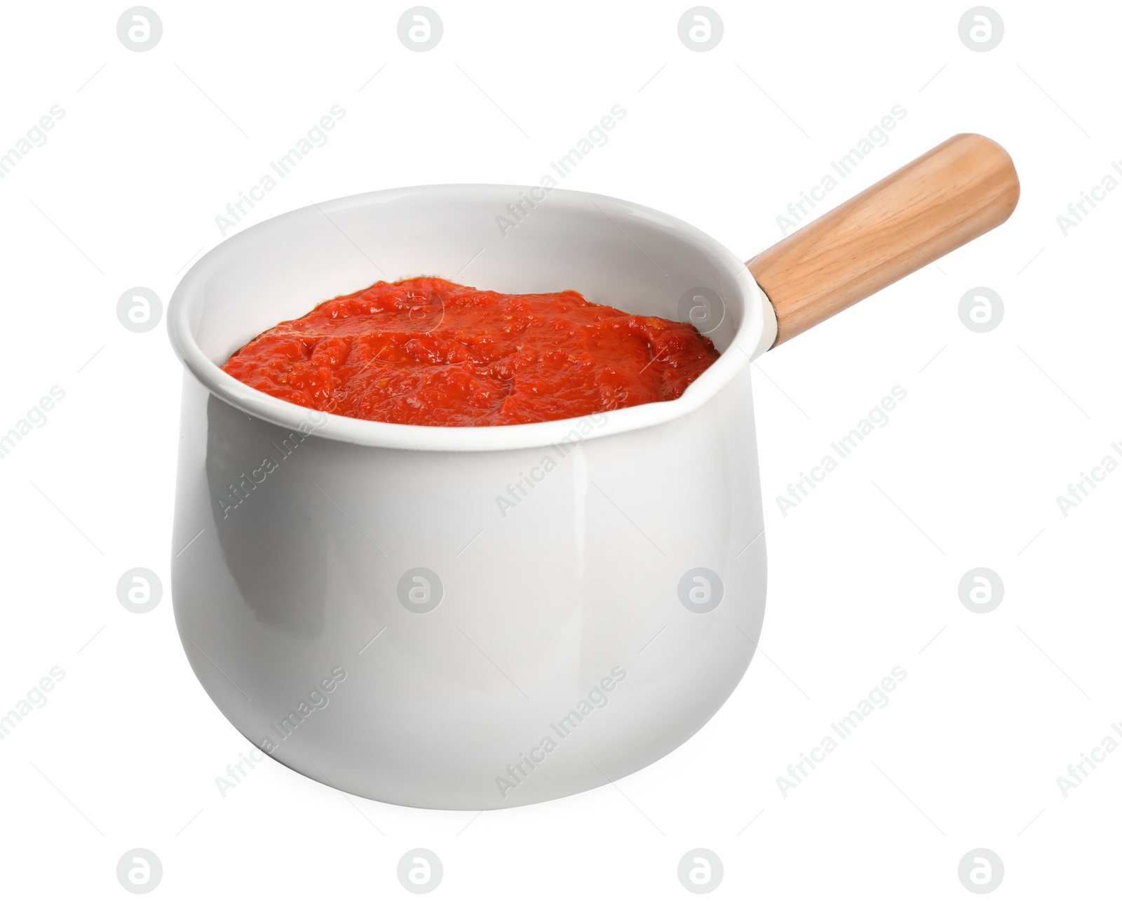 Photo of Delicious tomato sauce in pan isolated on white