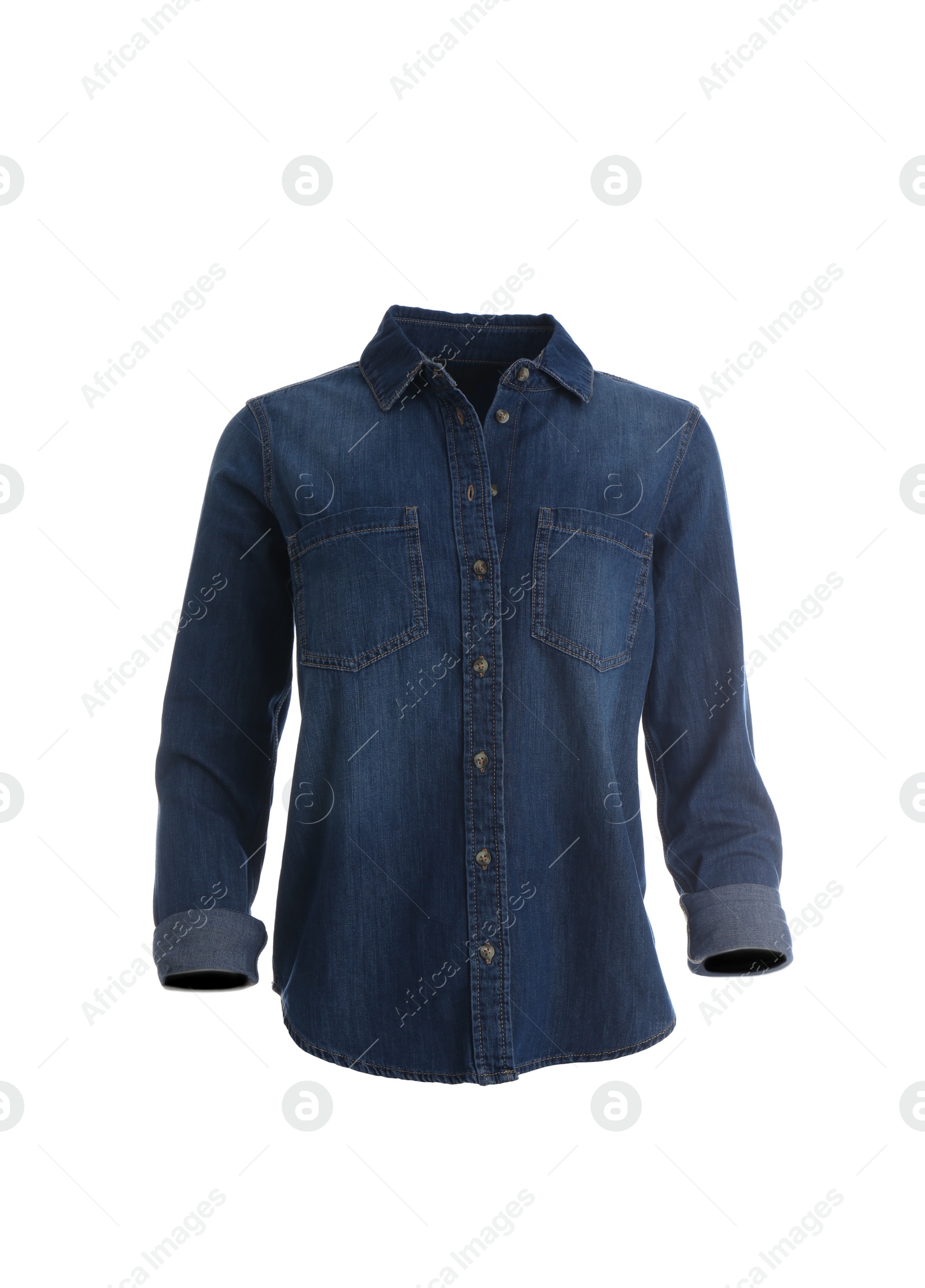 Photo of Stylish jeans shirt on mannequin against white background. Trendy clothes