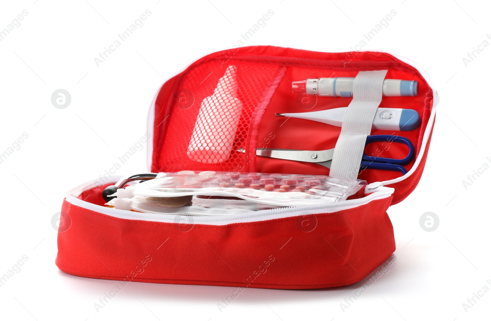 Photo of First aid kit on white background. Health care