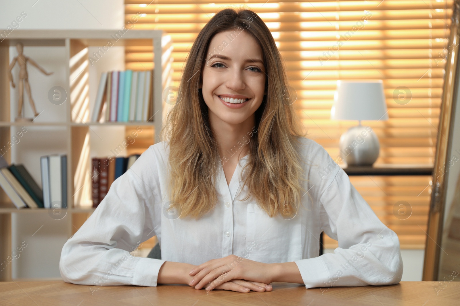 Photo of Young woman holding online webinar indoors, view from webcam