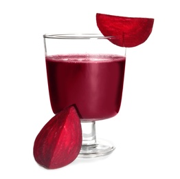 Glass of beet smoothie on white background