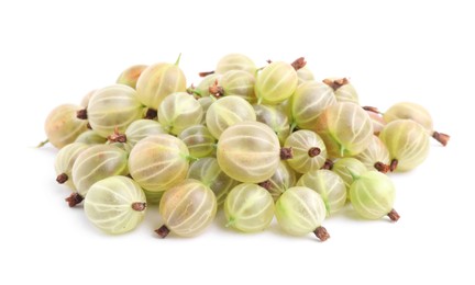 Pile of fresh ripe gooseberries on white background