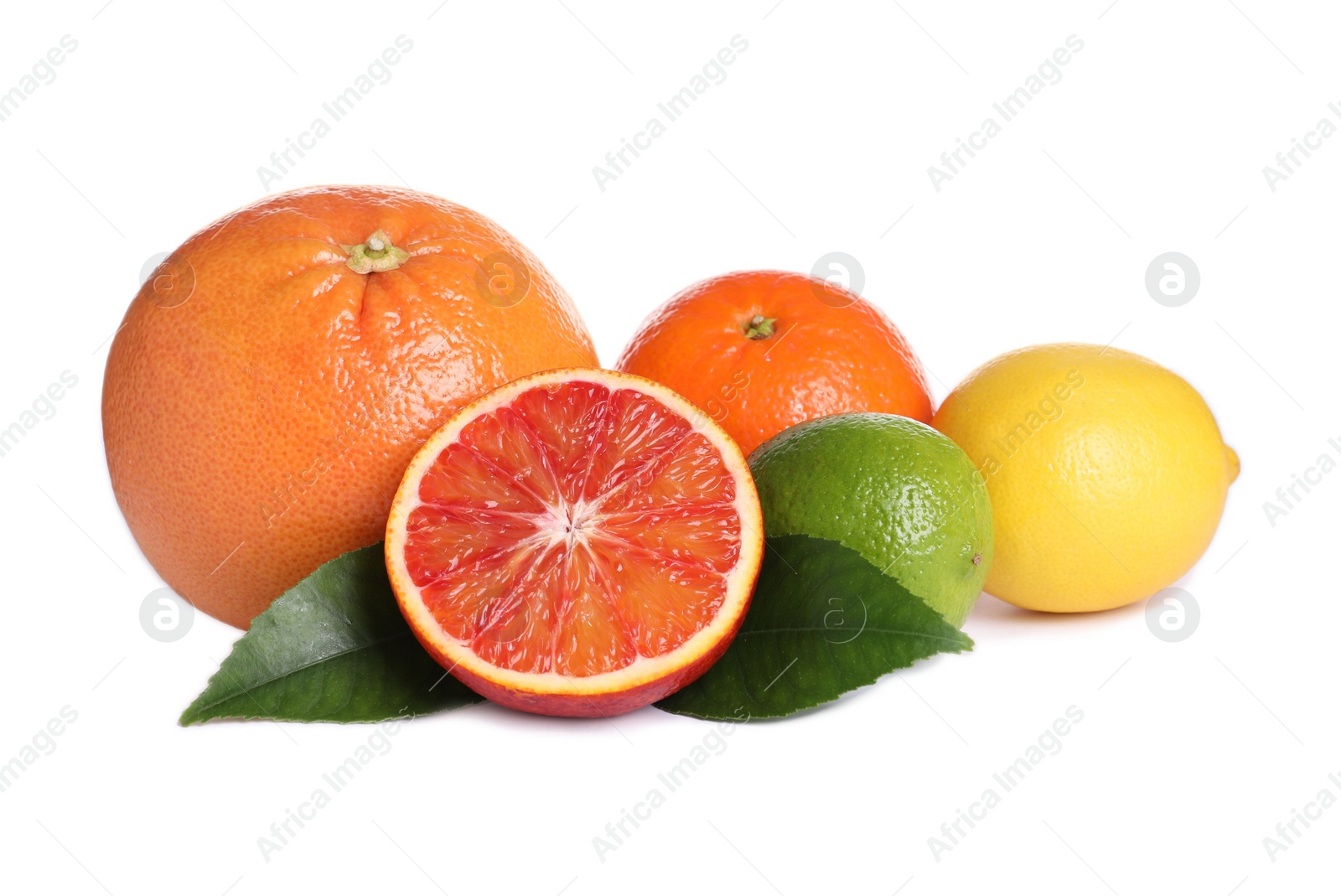 Photo of Fresh juicy citrus fruits with green leaves on white background