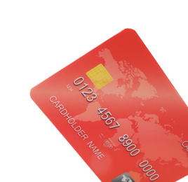 Photo of Red plastic credit card on white background, closeup