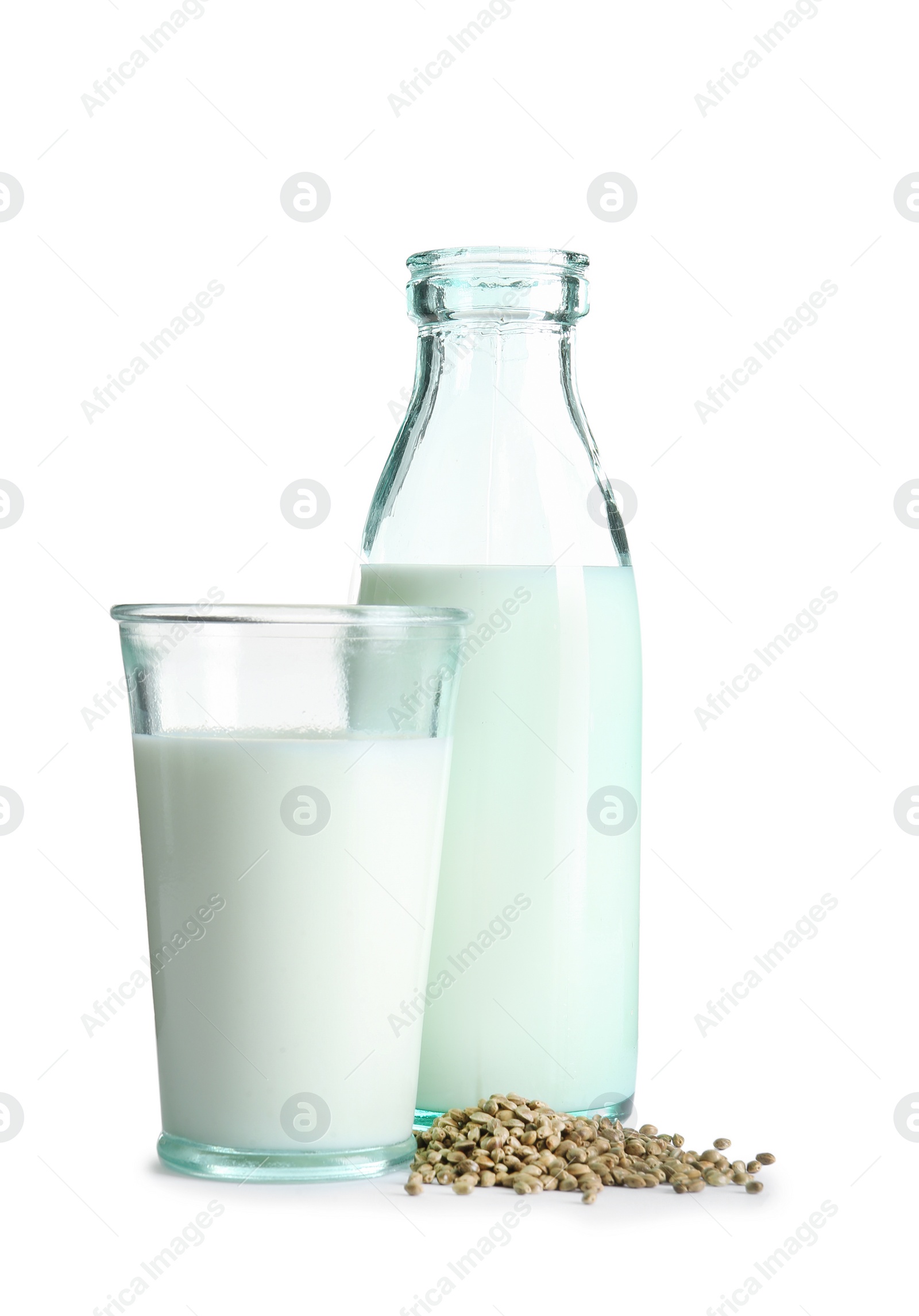 Photo of Glassware with hemp milk on white background