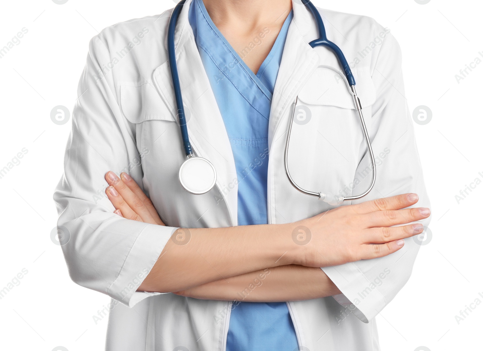 Photo of Doctor with stethoscope on white background, closeup. Medical service