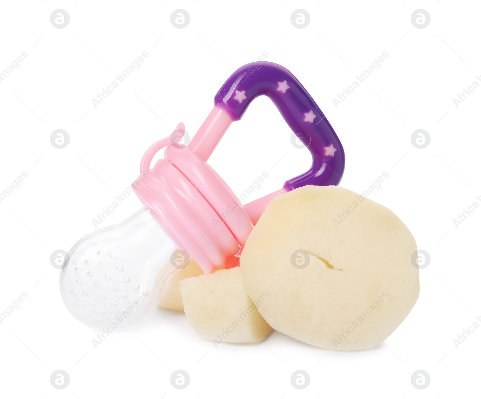 Photo of Empty nibbler and boiled potato on white background. Baby feeder