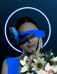 Young woman with beautiful flowers and butterfly on dark blue background. Paint stroke closing her eyes. Stylish creative collage design
