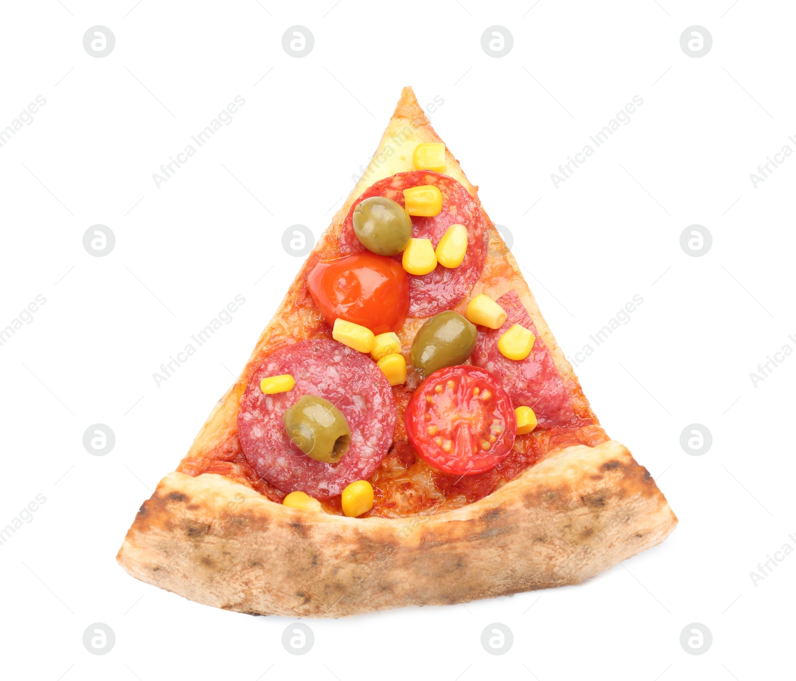 Photo of Slice of delicious pizza isolated on white, top view