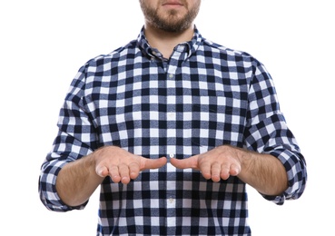 Photo of Man showing BLESS gesture in sign language on white background, closeup