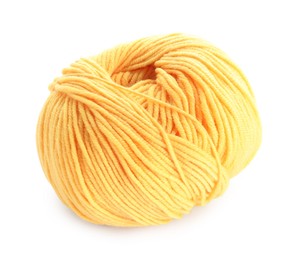 Photo of Soft yellow woolen yarn isolated on white