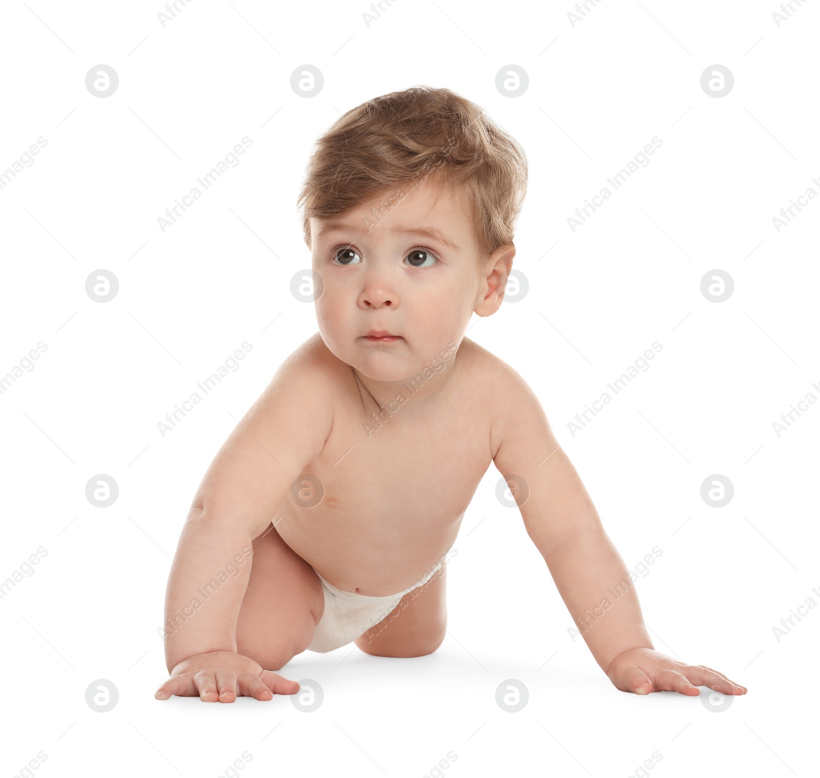 Photo of Cute little baby in diaper on white background