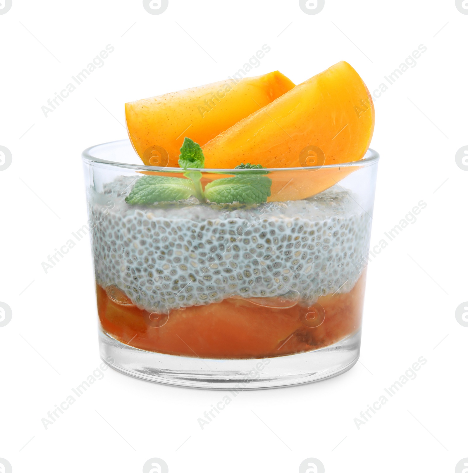 Photo of Delicious dessert with persimmon and chia seeds isolated on white