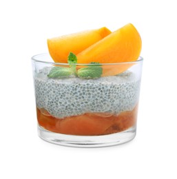 Photo of Delicious dessert with persimmon and chia seeds isolated on white