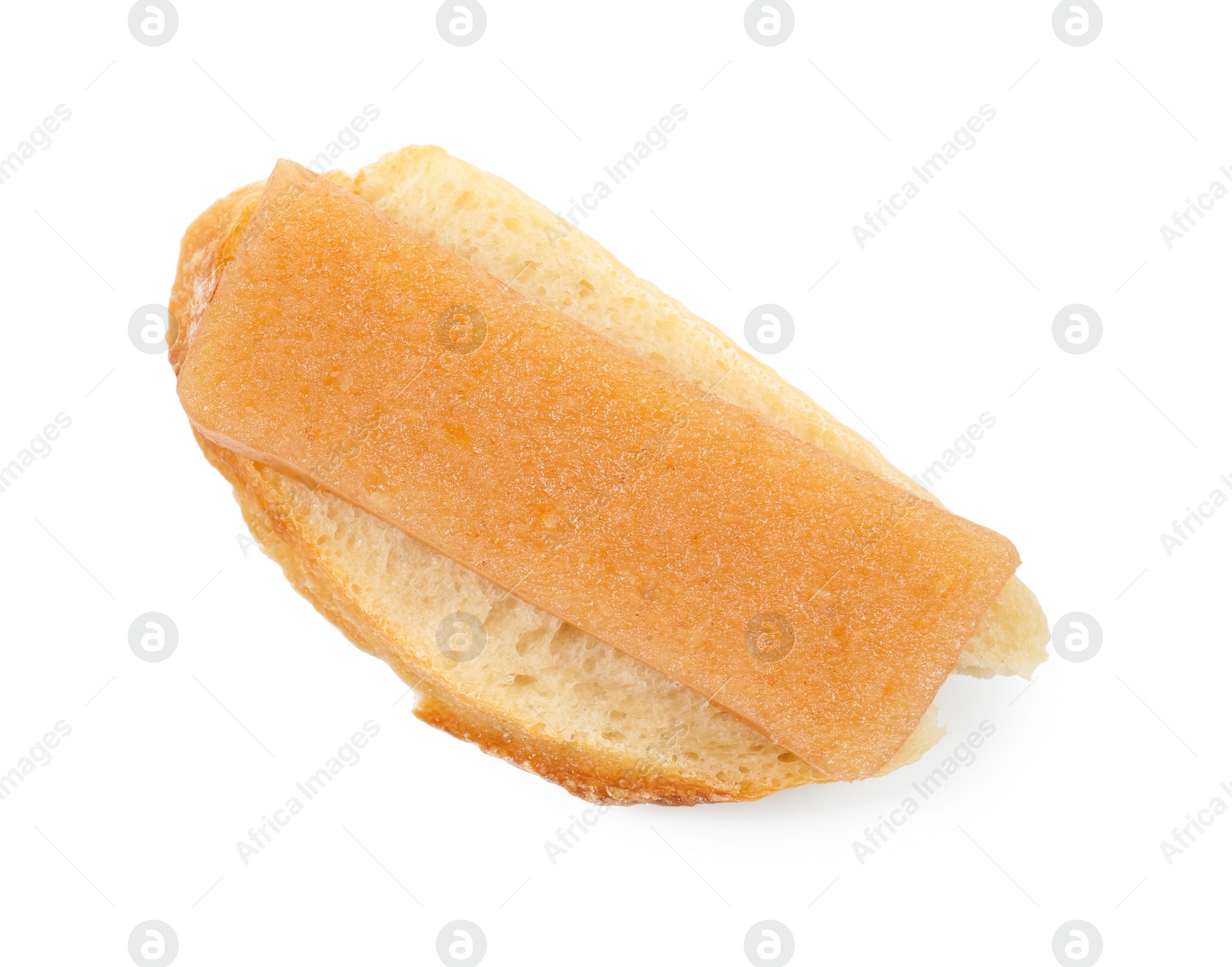 Photo of Bread with delicious sweet quince paste isolated on white, top view