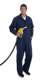 Photo of Gas station worker with fuel nozzle on white background