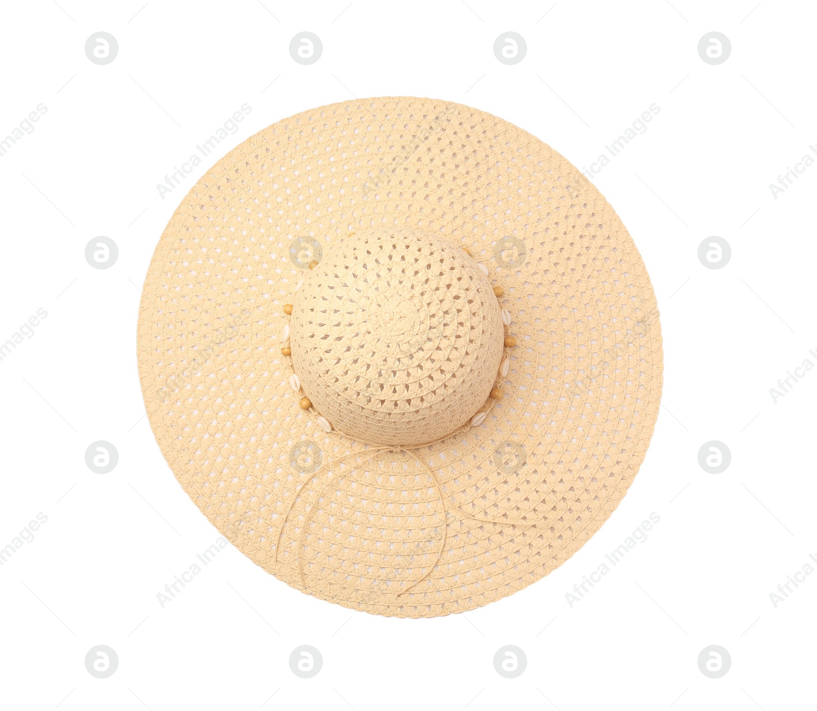 Photo of Stylish straw hat isolated on white, top view