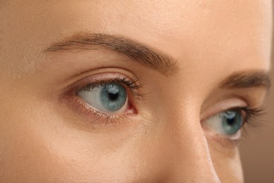 Photo of Woman with beautiful natural eyelashes, closeup view