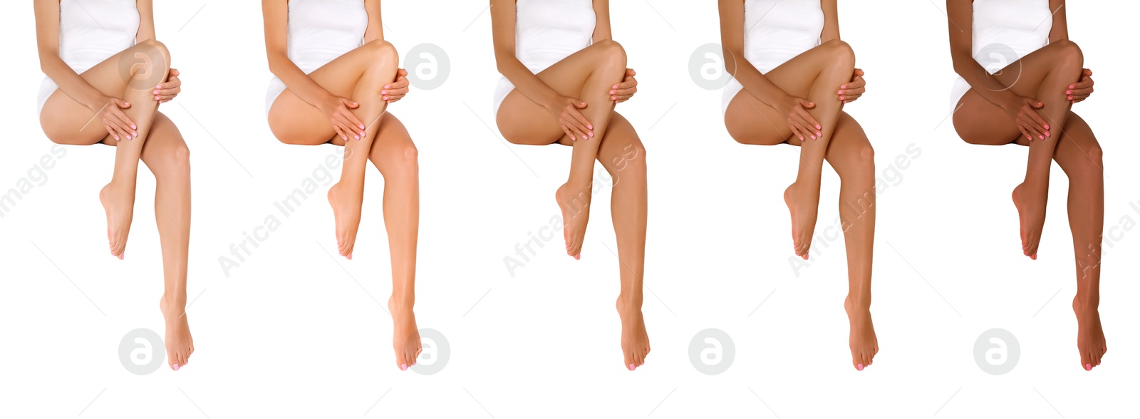 Image of Closeup view of woman with beautiful legs on white background, banner design. Collage showing stages of suntanning