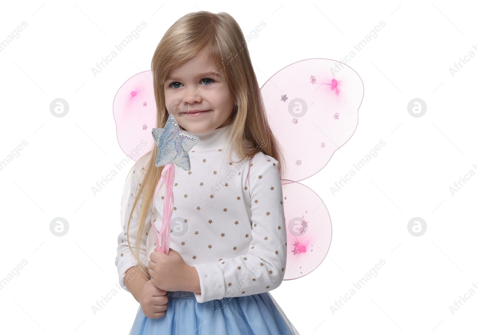 Photo of Cute little girl in fairy costume with pink wings and magic wand on white background