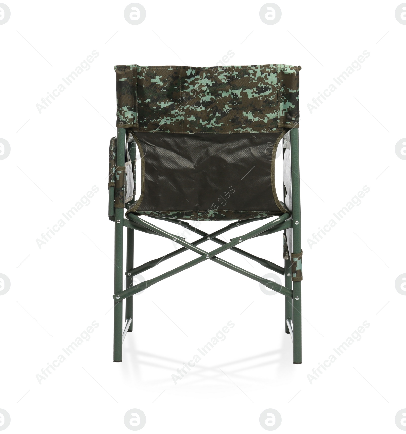 Photo of Comfortable camouflage fishing chair on white background